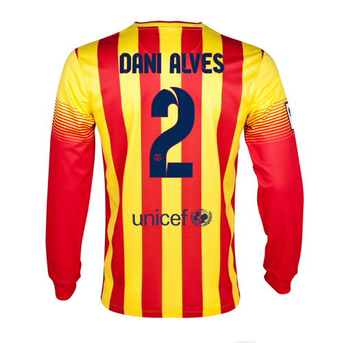 Durable Barca 13-14 Barcelona 2 Dani Alves Away Long Sleeve Soccer