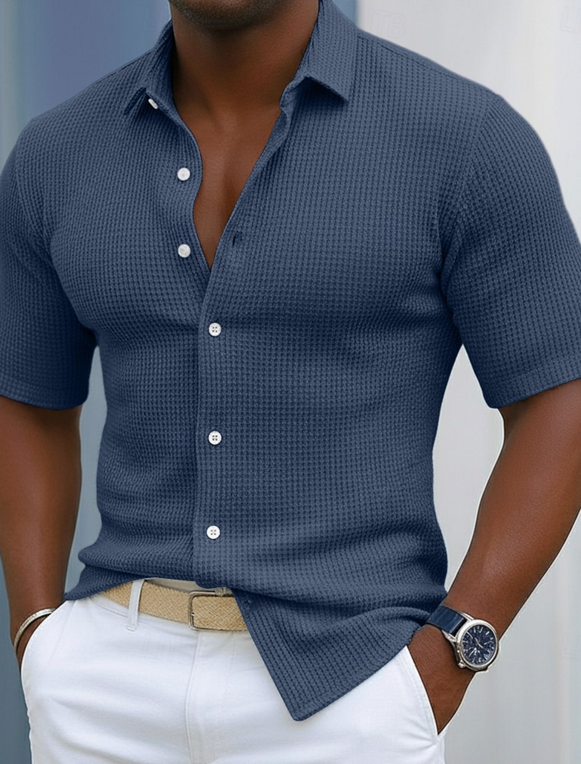 Men's Shirt Waffle Texture Casual Button Up Black White Wine Navy B #2