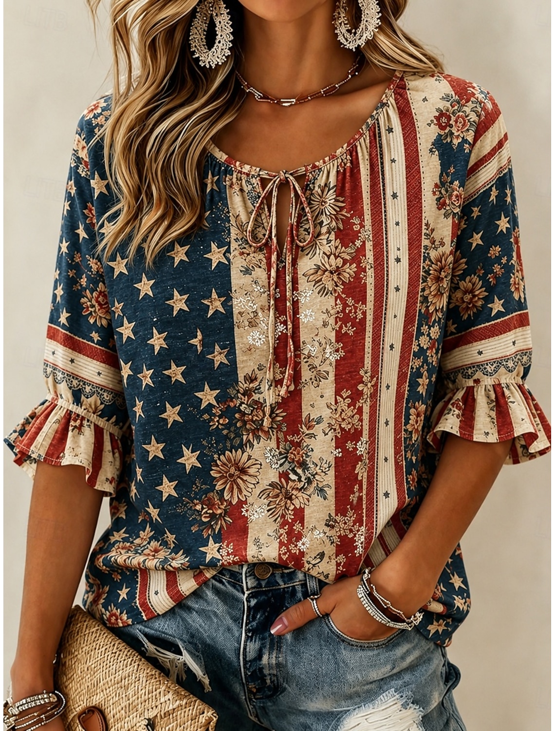 American Independence Day Women's Blouse Buttons Print Graphic American Flag Vintage Daily Stylish Half Sleeve Crew Neck Regular Tops Casual Daily Blue White Red Royal Blue Summer Spring