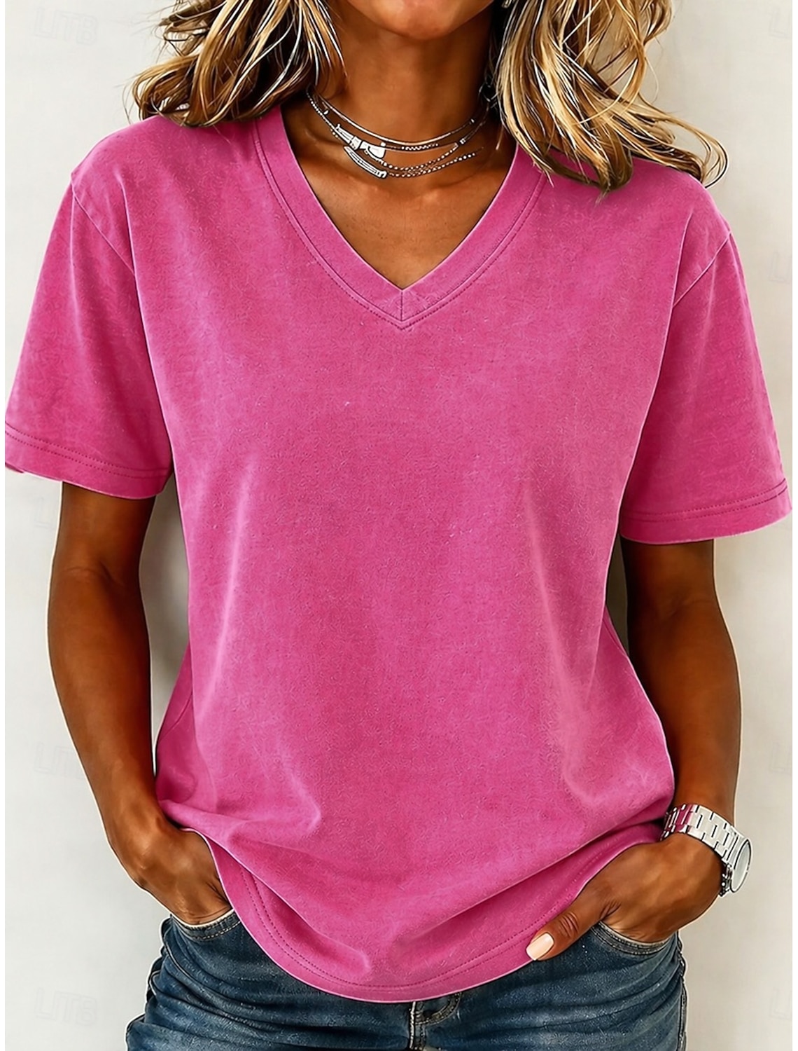 Women's 100% Cotton T-Shirts - Quality Vintage Short Sleeve V Neck Tee