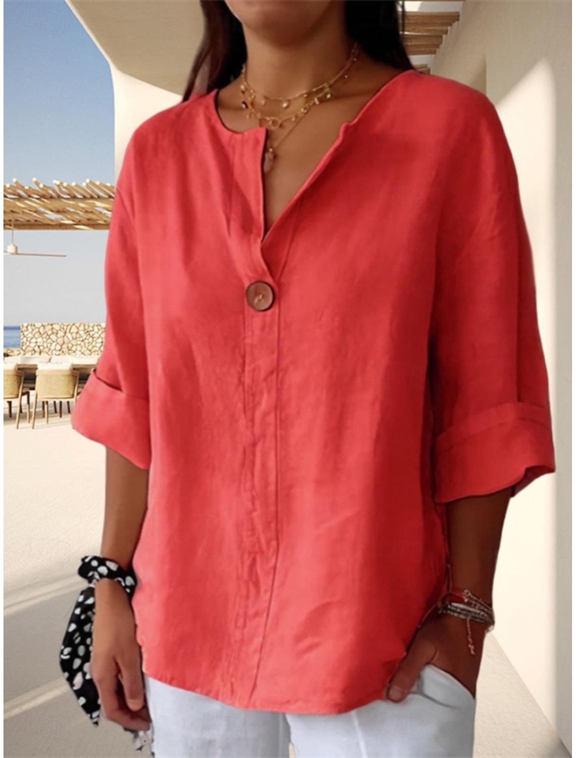 Women's Shirt Linen-feel Shirts Blouse Buttons Plain Stylish 3/4 Length Sleeve V Neck Regular Tops Daily Holiday Going out Black Army Green Red Navy Blue Light Blue Summer Spring