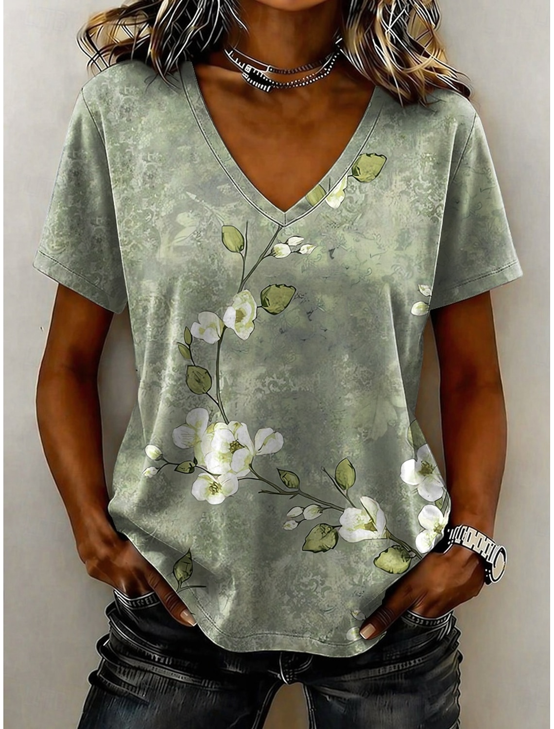 Women's T Shirt Print Floral Graphic Stylish Classic Casual Short Sleeve V Neck Regular Tops Casual Daily Blue Pink Purple Green Summer Spring