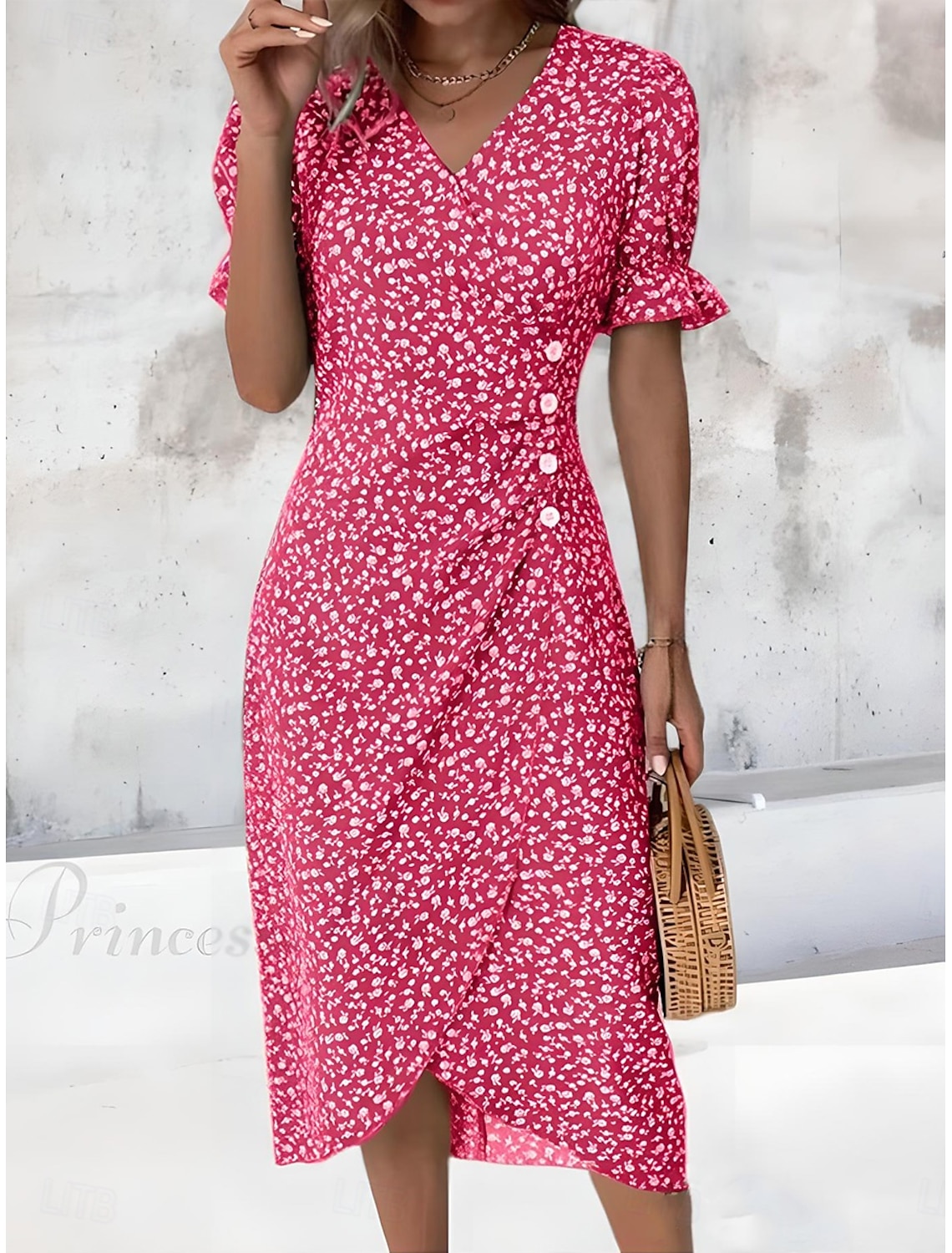 Women's Midi Dress Wrap Dress Elegant Lightweight Puff Sleeve Short Sleeve V Neck Going out Regular Fit Floral Black Pink Blue Green