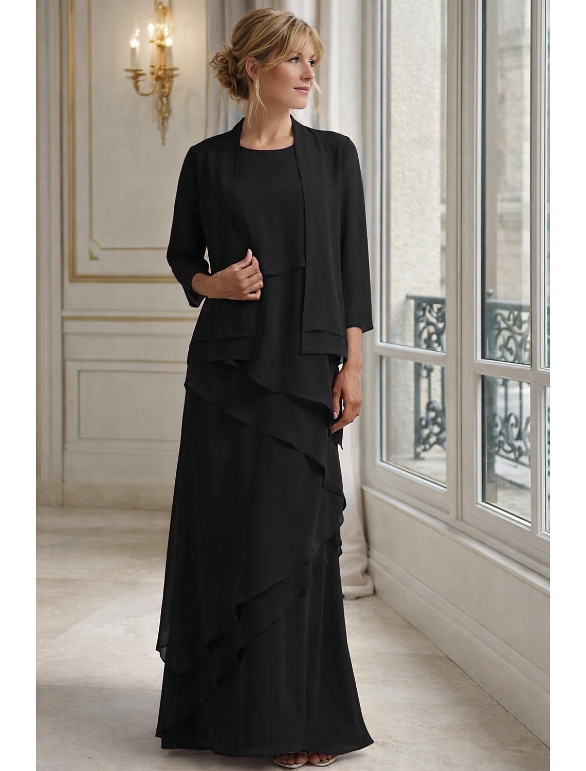 Two Piece A-Line Floor Length Wedding Guest Dress Mother of the Bride Dress Sleeveless Jewel Neck Elegant Wedding Guest Wedding Party Chiffon Wrap Included with Cascading Ruffles Solid Color