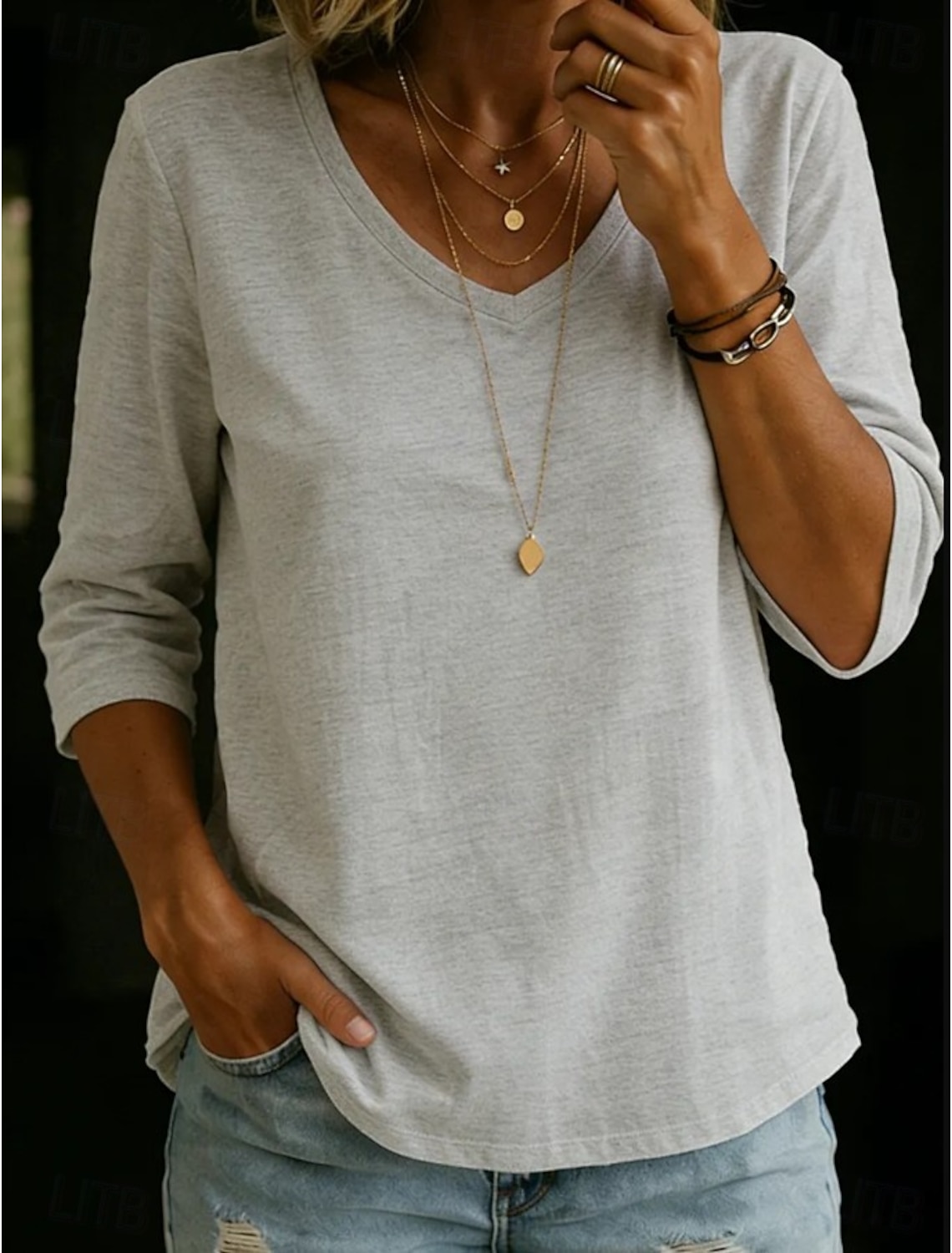 Women's 100% Cotton T-Shirts - Quality Heavy Long Sleeve Crew Neck Tee