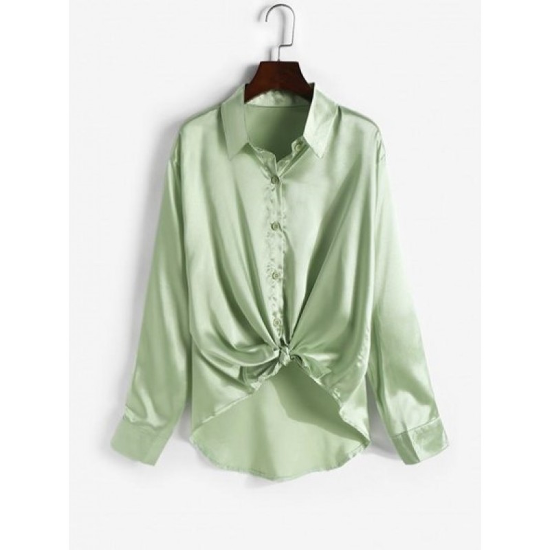 Neutral Solid Silky Satin Button Down Shirt LD1955