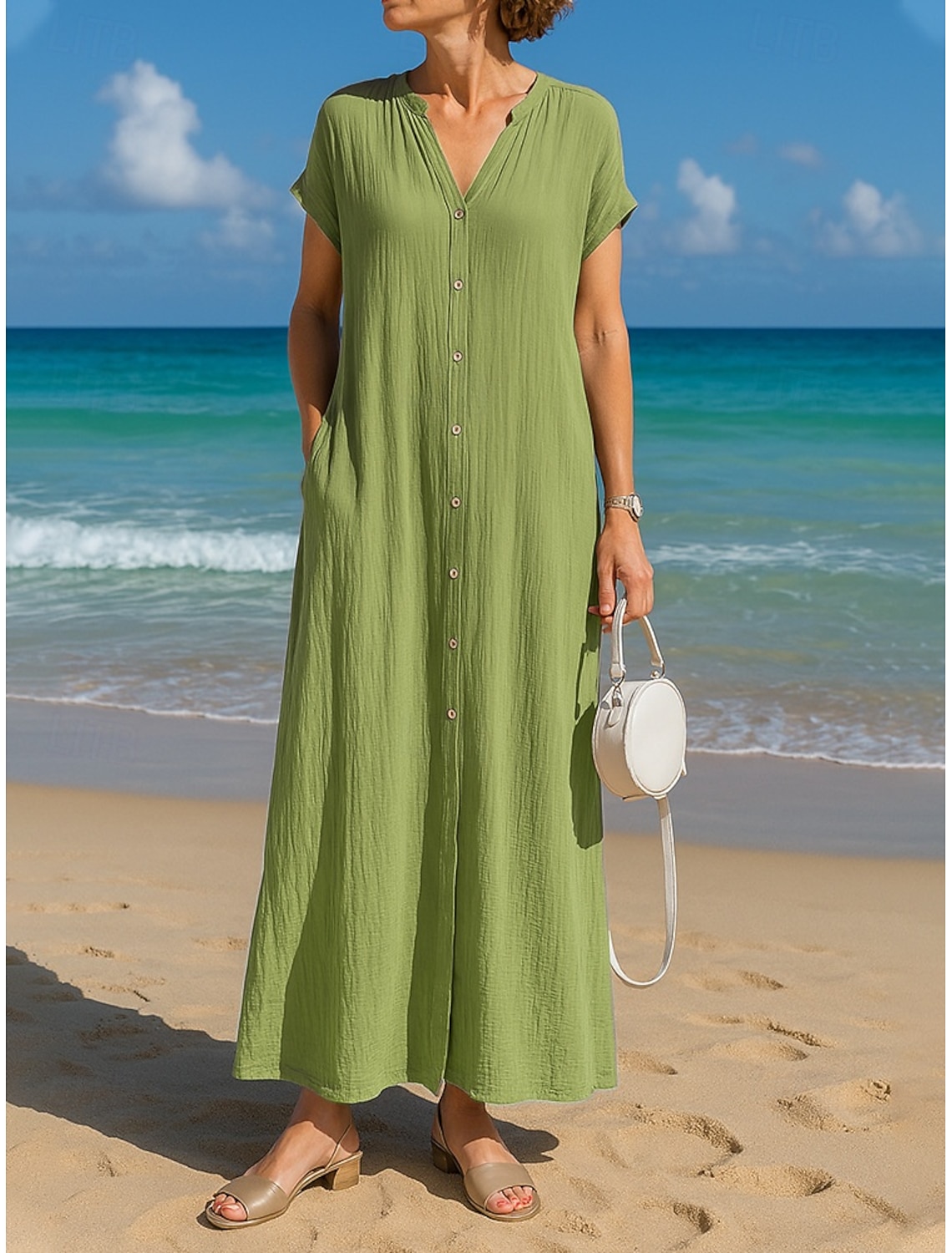 Women's Cotton Linen Maxi Dress A Line Dress Summer Dress Casual Daily Loose Fit Plain Short Sleeve V Neck Blue Black White Camel Summer