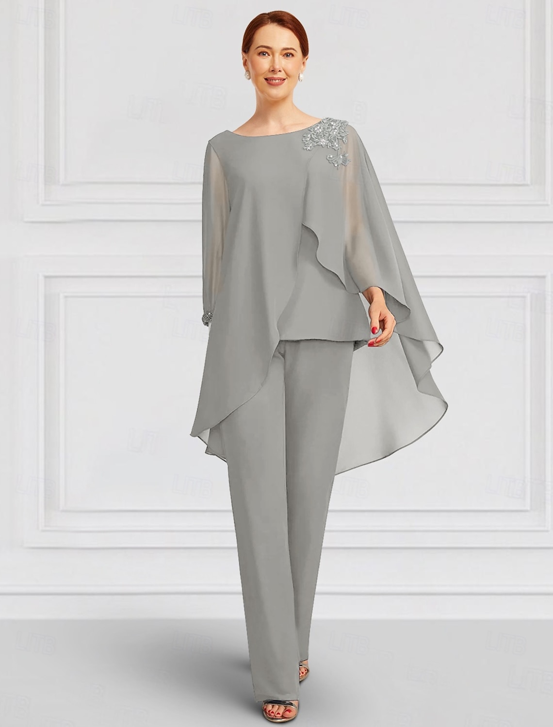 Two Piece Jumpsuit Pantsuit Floor Length Mother of the Bride Dress Long Sleeve Jewel Neck Elegant Formal Wedding Guest Chiffon Wrap Included with Lace Ruffles Solid Color
