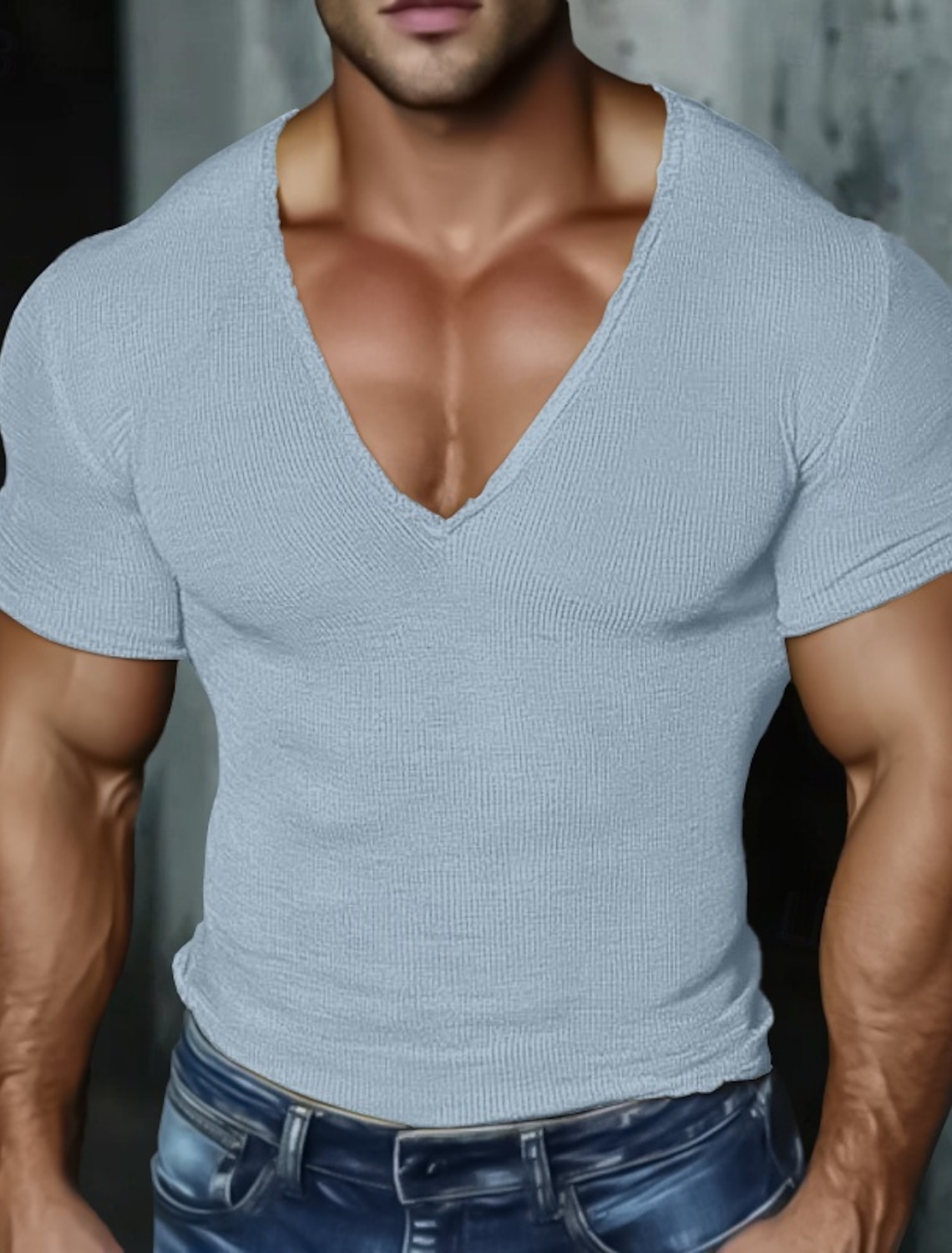 Men's Knit Tee Top Cotton Blend T-Shirt Short Sleeve V Neck Summer