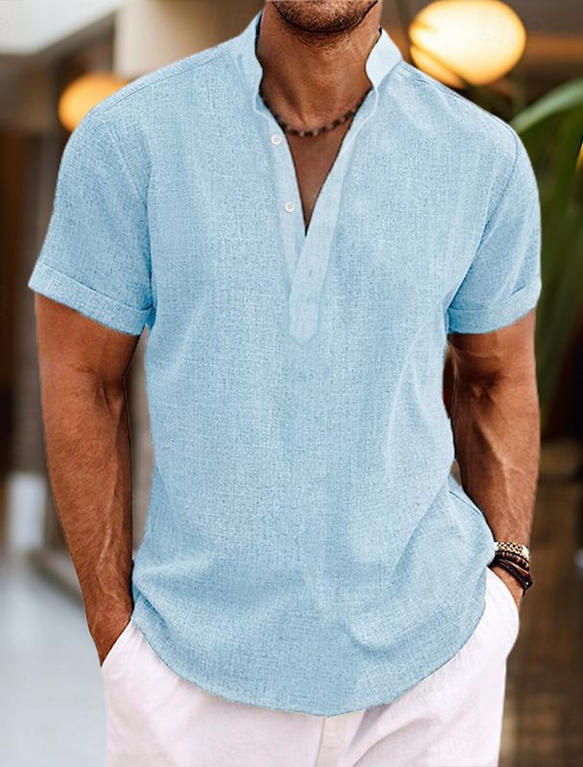 Men's Shirt Linen Summer Beach Solid Color Vacation Curise Green Light