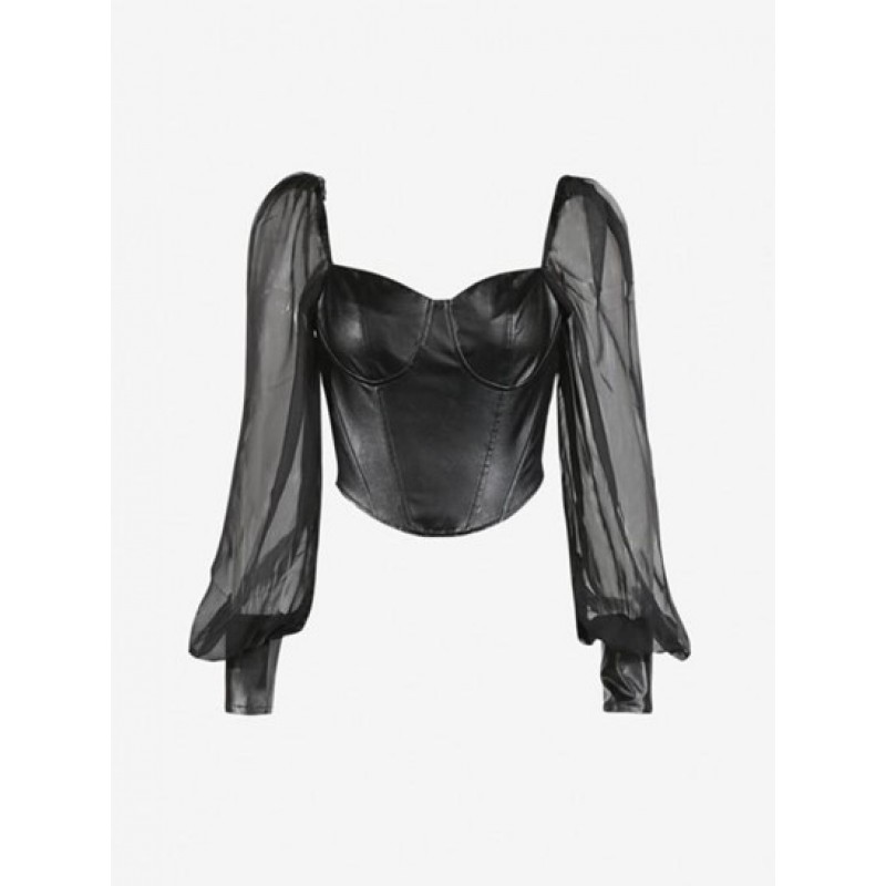 See Thru Puff Sleeve PU Corset Top MD2443