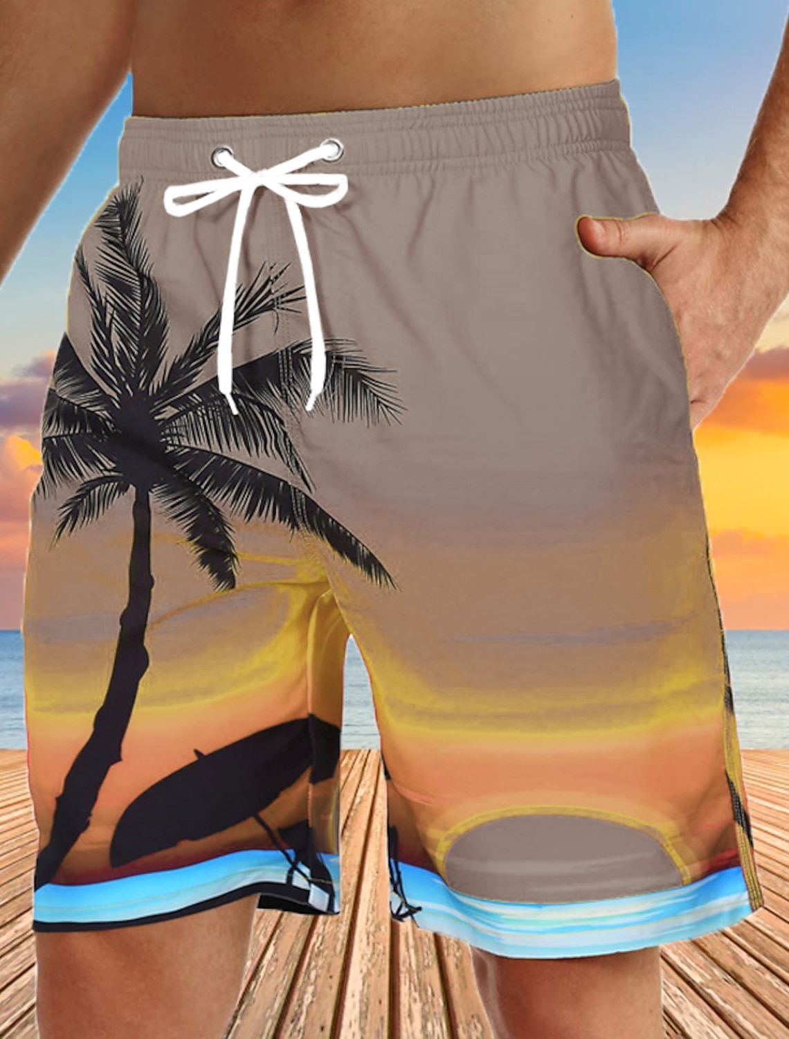 Men's Graphic Coconut Tree Swim Trunks Swim Shorts Board Shorts Mid Waist Streetwear Hawaiian Boho Casual Daily Holiday Drawstring Elastic Waist 3D Print Designer Clothing Apparel