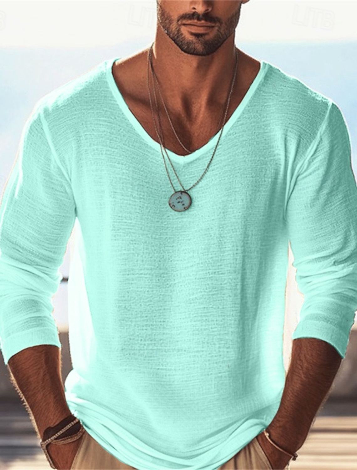 Men's T Shirt Tee Top Long Sleeve V Neck Summer Spring Plain Fashion