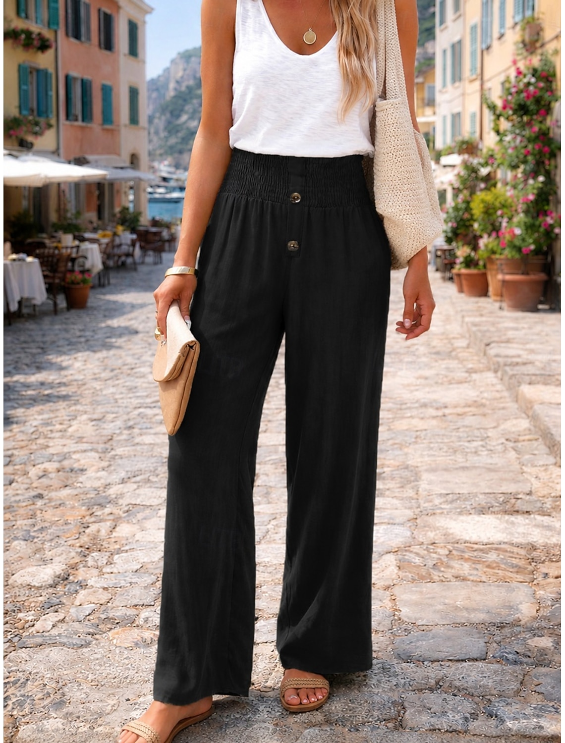 Women's Cotton Linen Pants Wide Leg Chinos Summer Pants Vacation Streetwear Basic Full Length Medium Waist Plain Pocket Elastic Waist Comfy Comfort Micro-elastic Outdoor Vacation Street claret Grey