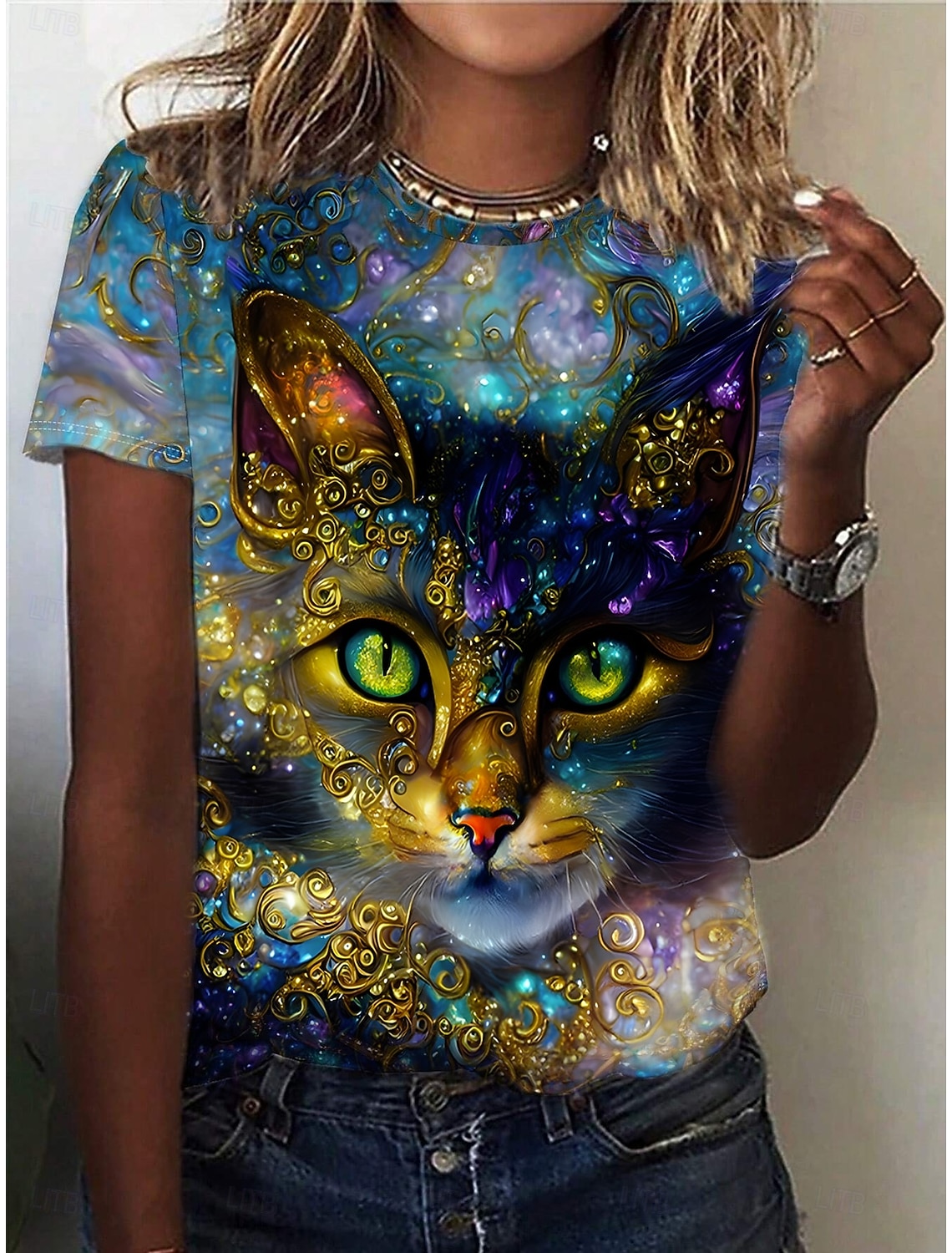 Women's T Shirt Print Cat Casual Short Sleeve Round Neck Regular Tops Daily Blue Summer Spring