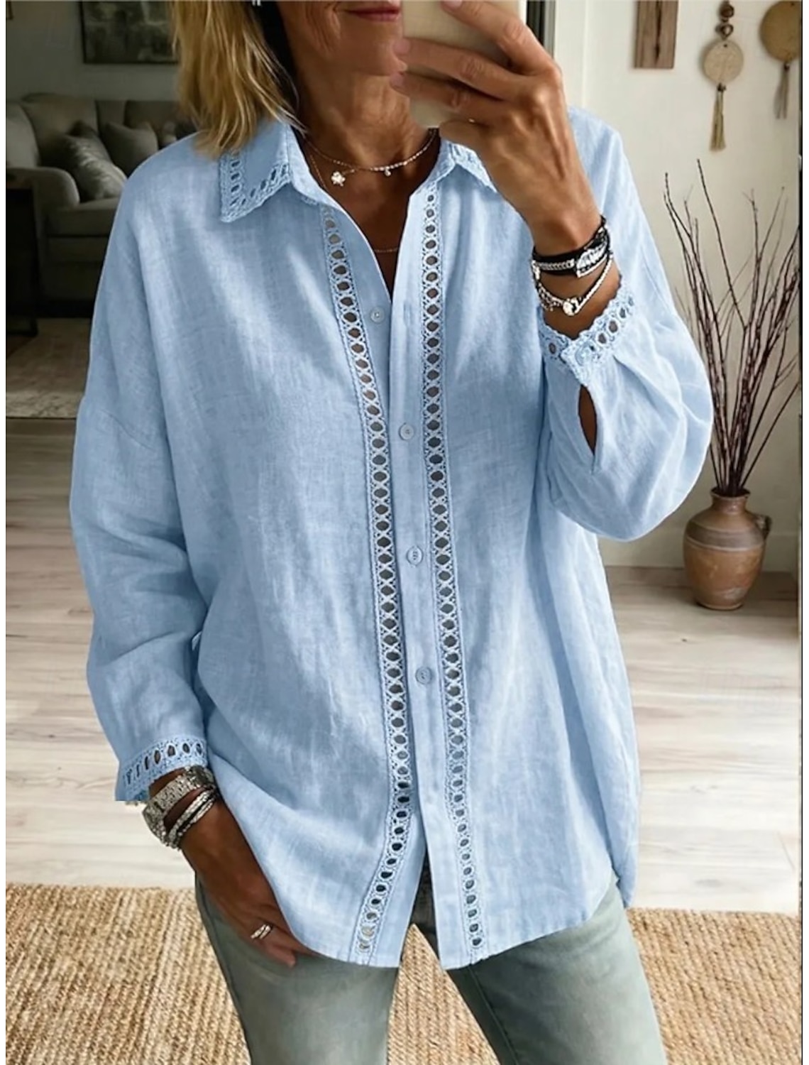 Women's Shirt Boho Shirt Lace Shirt Patchwork Elegant Bohemia Vacation Long Sleeve Long Tops Casual Blue White Pink Green Light Blue Summer Spring
