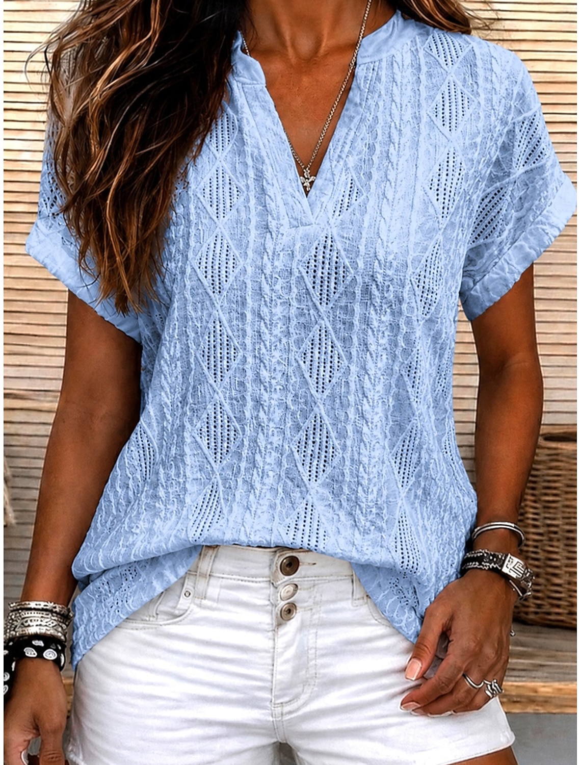 Women's Blouse Lace Solid Color Stylish Casual Short Sleeve V Neck Regular Tops Daily Blue Black White Orange Grey Summer Spring Fall