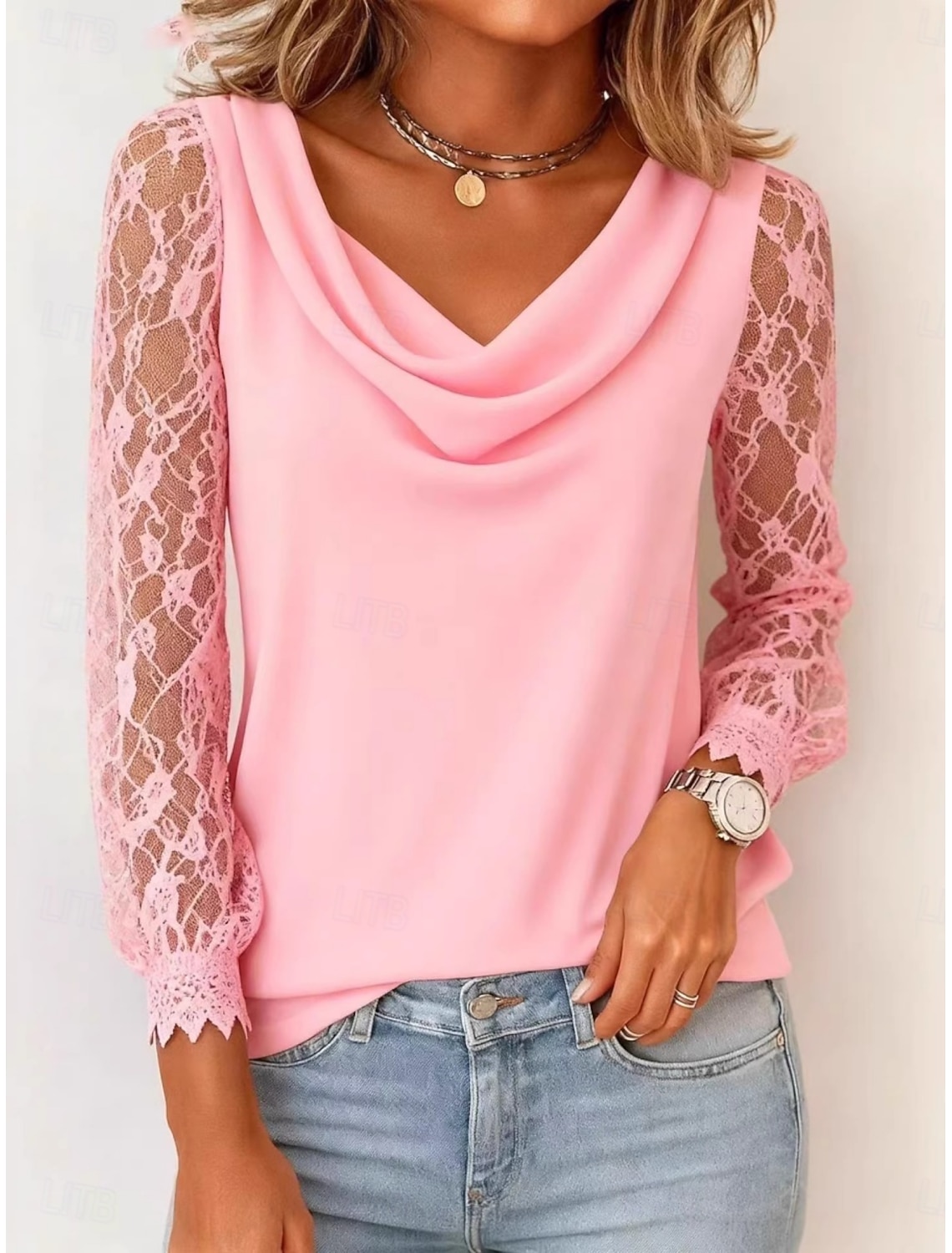 Women's Blouse Lace Patchwork Solid Color Elegant Stylish Casual Long Sleeve Cowl Neck Regular Tops Daily Black White Pink Wine Navy Blue Spring Fall Winter