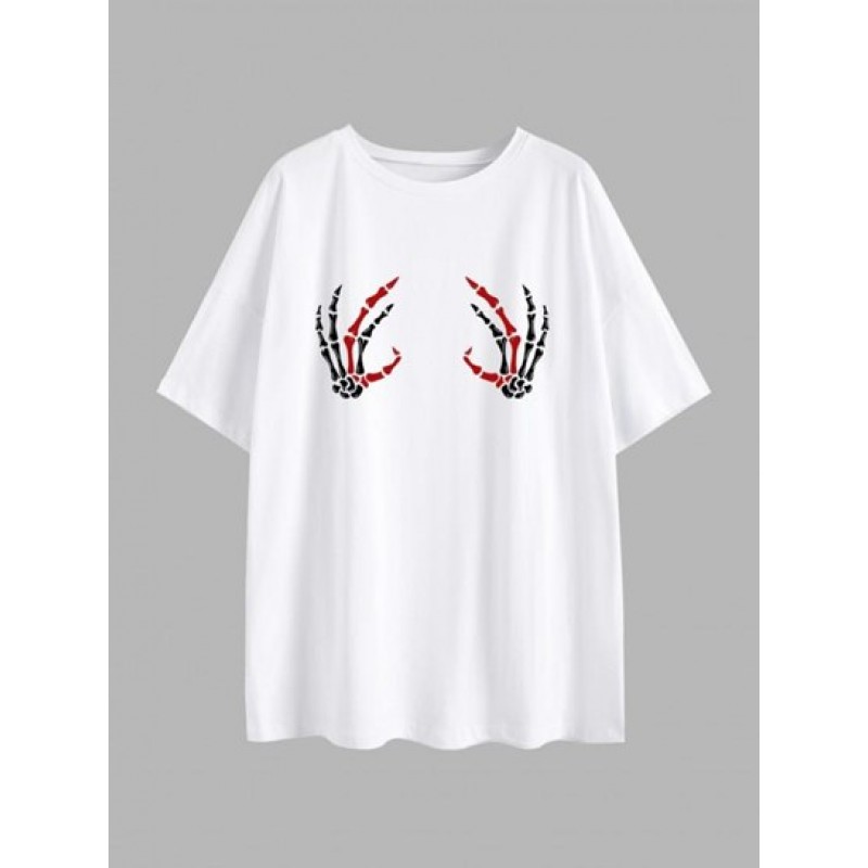 Halloween Skeleton Hand Print Drop Shoulder T Shirt LU1974