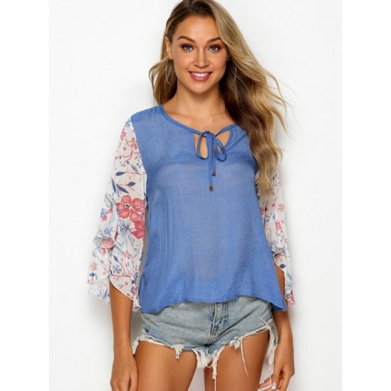 Tie Collar Floral Panel Chambray Blouse WS4096