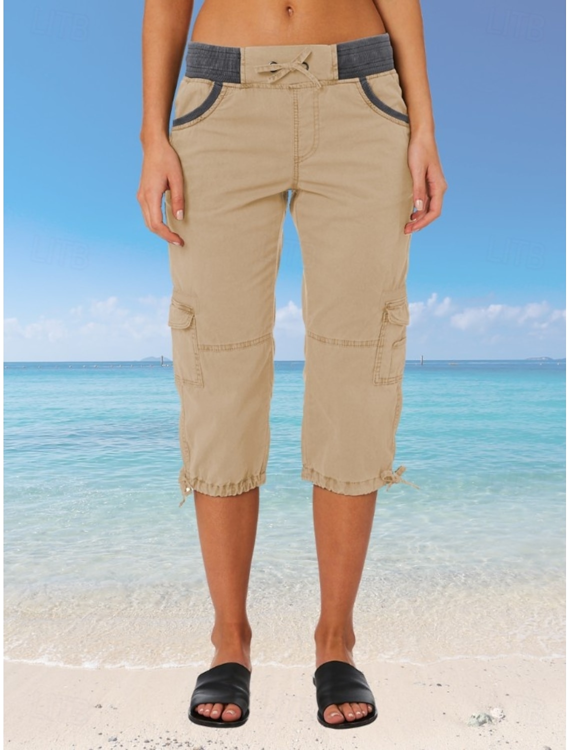 Women's Cargo Pants Capri Pants Summer Pants Beach Pants Vacation Fashion Streetwear Calf-Length High Waist Plain Drawstring Pocket Comfort Lightweight Soft Micro-elastic Outdoor Street Yellow-Brown