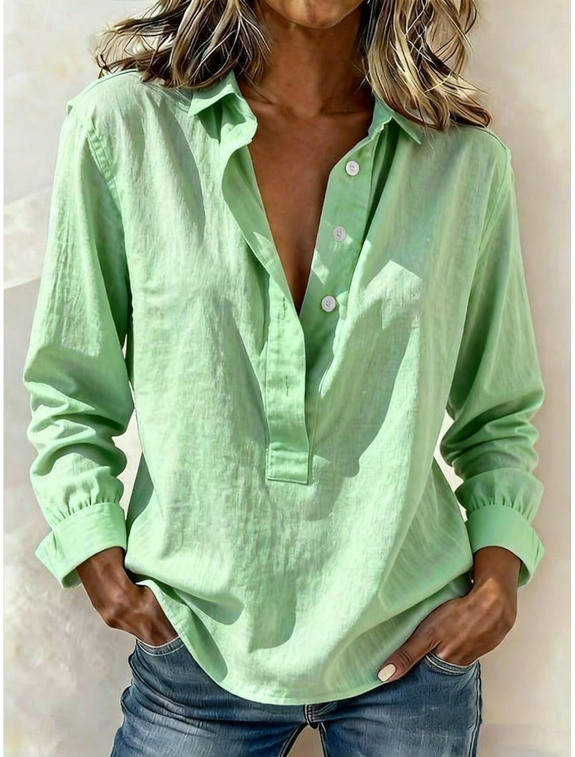 Women's Popover Shirt Summer Shirt Casual Shirt Blouse Buttons Solid Color Fashion Casual Long Sleeve Turndown Regular Tops Daily Beach Holiday Blue White Yellow Pink Green Spring Fall