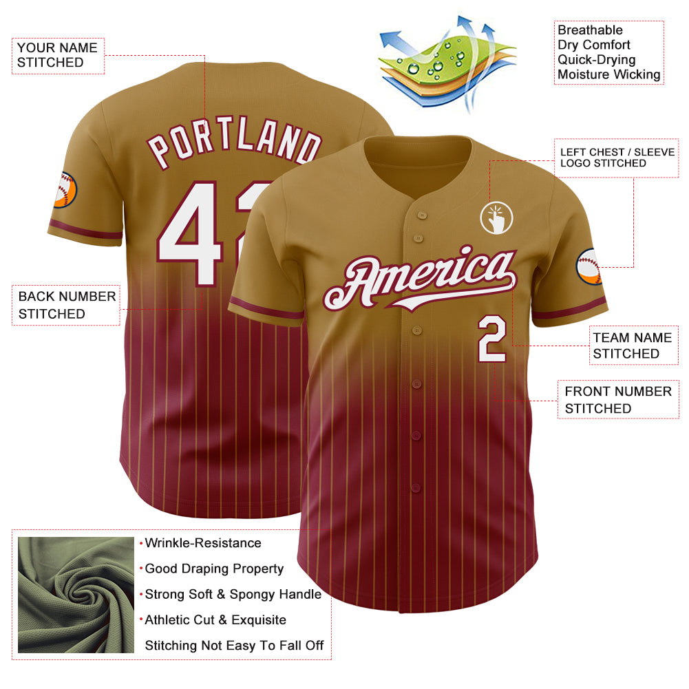 Custom Old Gold Pinstripe White-Crimson Authentic Fade Fashion Baseball Jersey