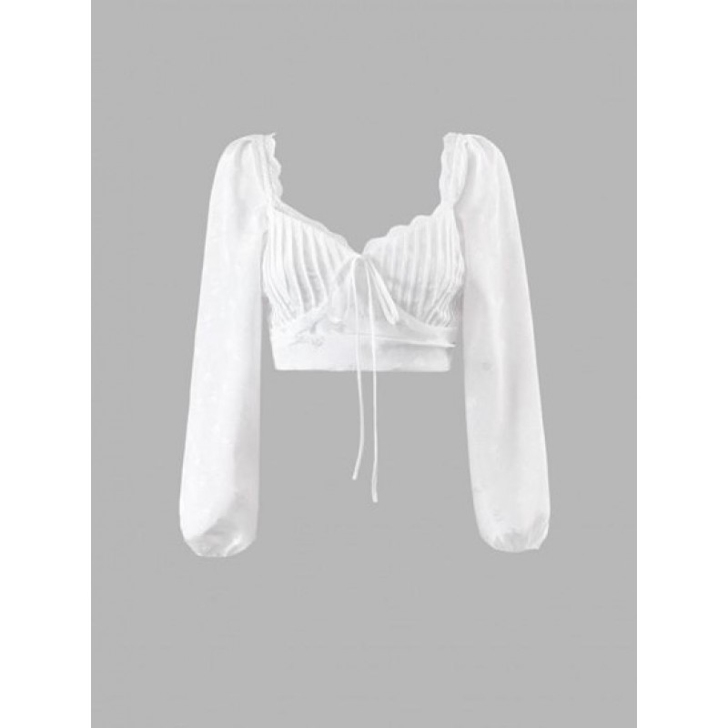 Flower Jacquard Lace Insert Pintuck Smocked Crop Blouse YN5246