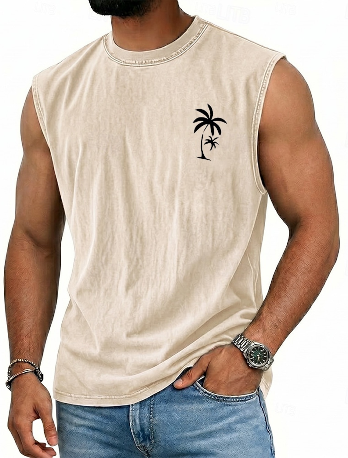 SoftFade™ Men's Coconut Tree T Shirt Demin Shirt 100% Cotton Acid Wash Shirt Short Sleeve Vintage Streetwear Casual Home Street Summer Spring Black Light Green Light Blue Stand