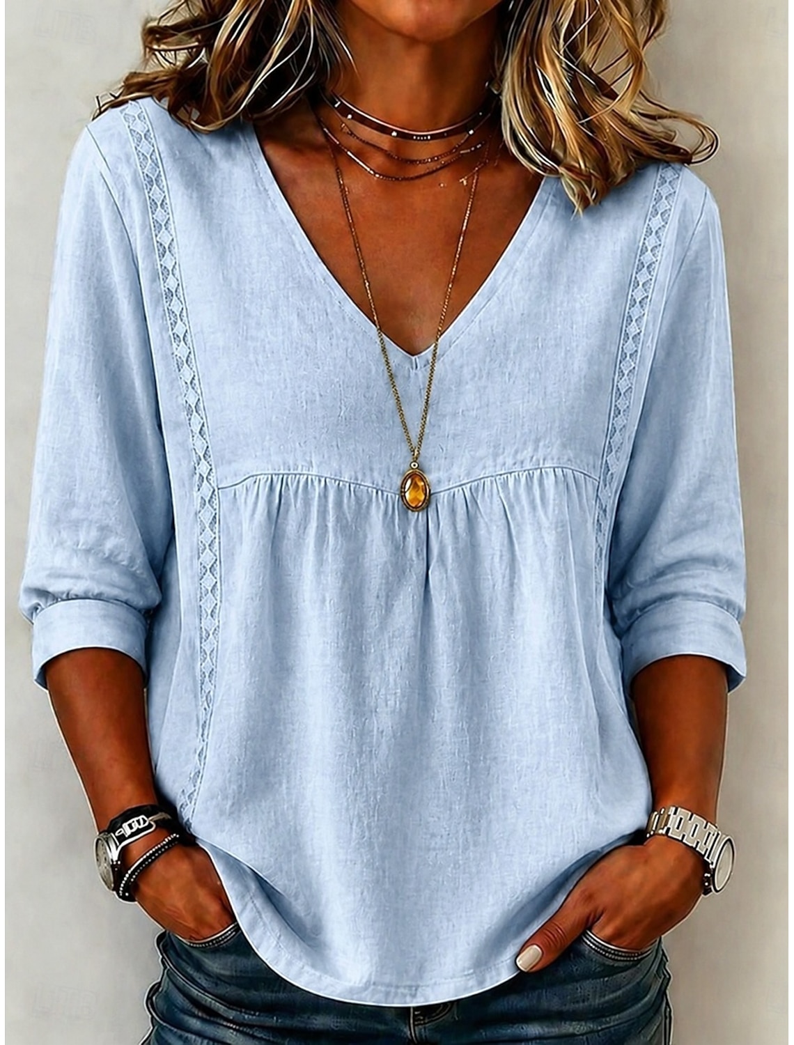 Women's Shirt Solid Color Plain Bohemia Vacation Vintage V Neck Long Tops Casual Blue Khaki Black White Yellow Summer Spring