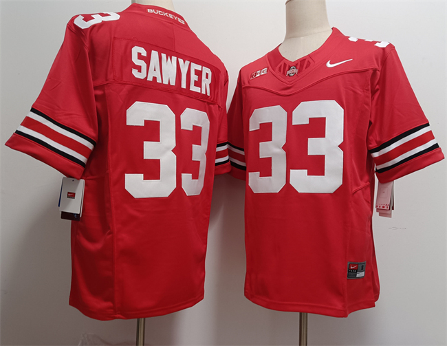 Men's OSU Buckeyes Red 2025 match worn Jack Sawyer #33 embroidered