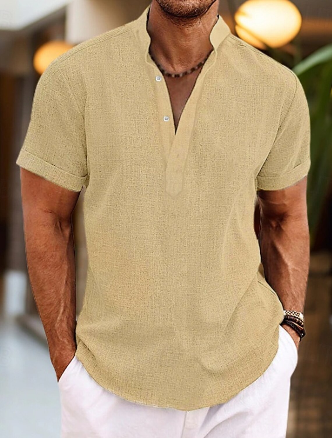 Men's Shirt Linen Summer Beach Solid Color Vacation Curise Green Light