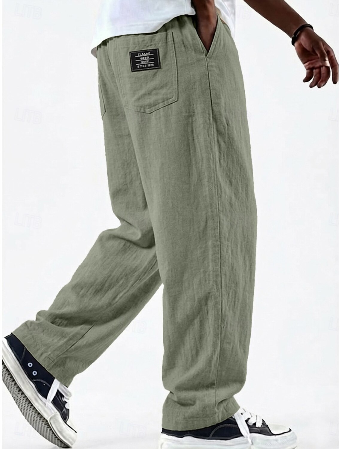 Men's Linen Pants Trousers Summer Baggy Pocket Elastic Waist Straight