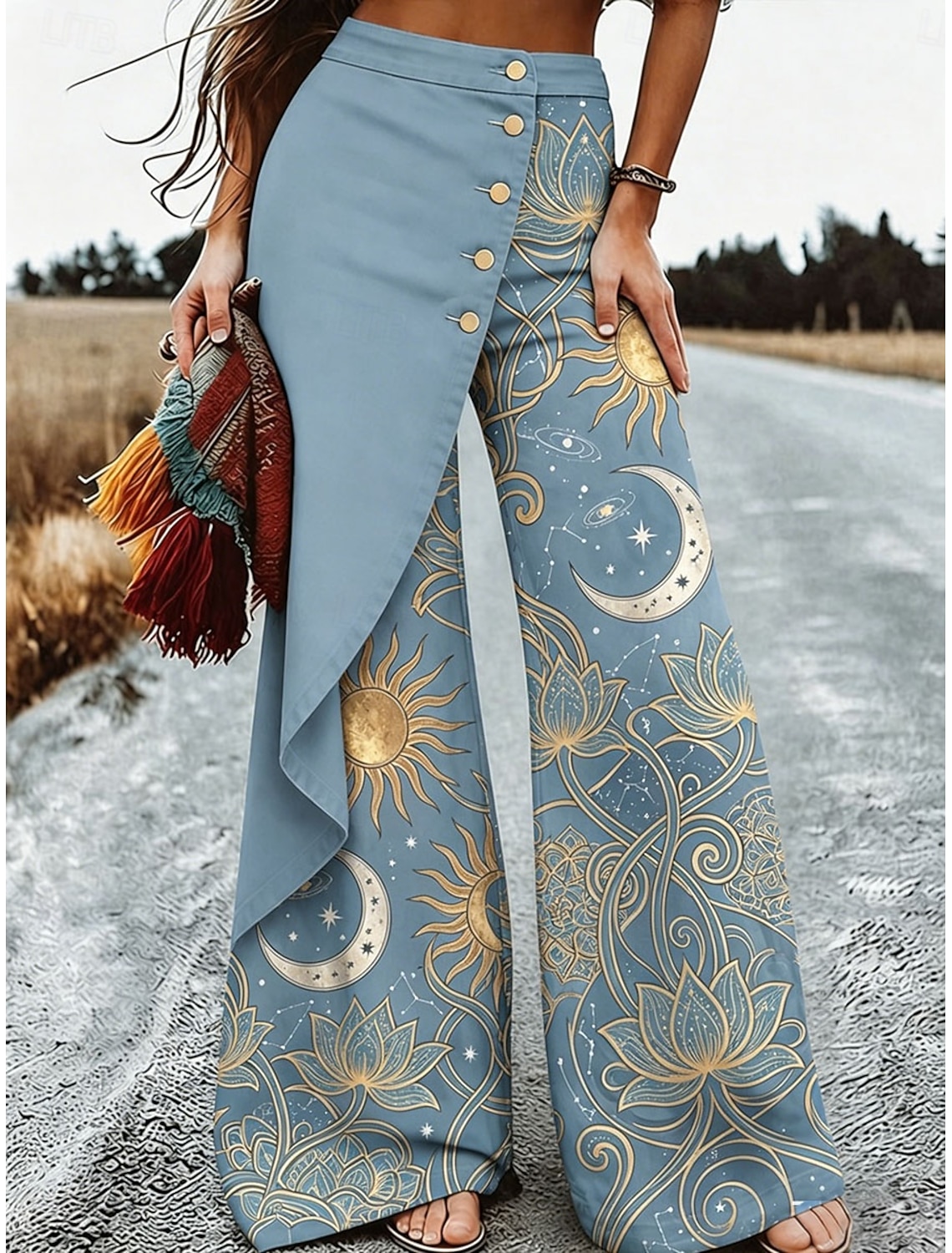 Women's Wide Leg Vacation Fashion Ethnic Style Full Length High Waist Layered Inelastic Vacation Formal Street Blue Wine Purple Green Summer Spring Regular Fit