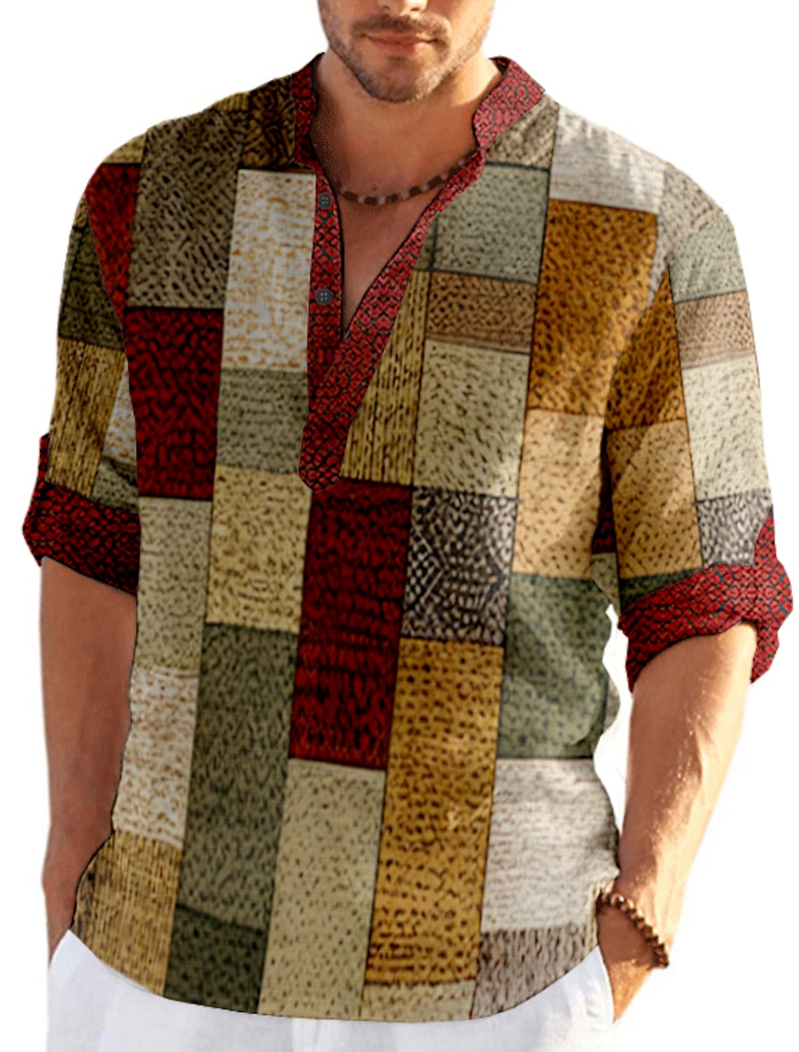 Men's Plaid / Check Patchwork Geometric Pattern Shirt Button Up Shirt Long Sleeve Fashion Streetwear Designer Casual Going out Summer Spring Fall Stand Collar Print Blue Khaki Khaki+Khaki Black White