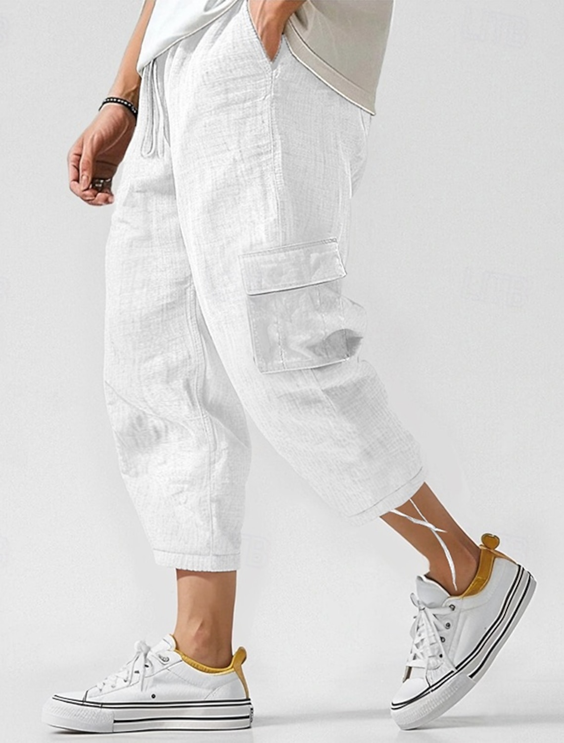Men's Cargo Pants Linen Trousers Summer Beach Drawstring Elastic Waist
