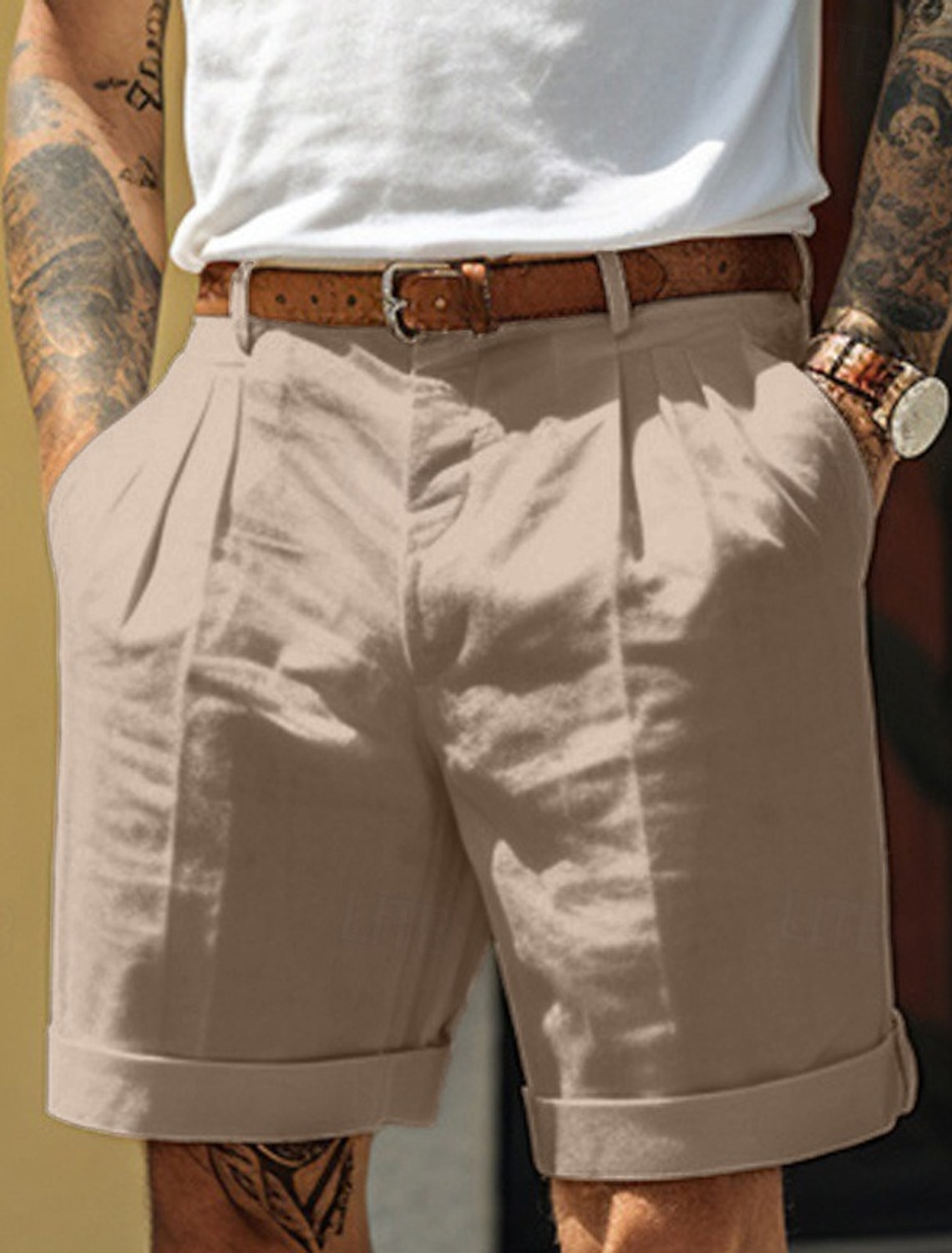 Men's Shorts Linen Shorts Dress Shorts Summer Shorts Pleated Shorts Pocket Pleats Straight Leg Plain Comfort Breathable Short Casual Daily Holiday Fashion Designer Black White