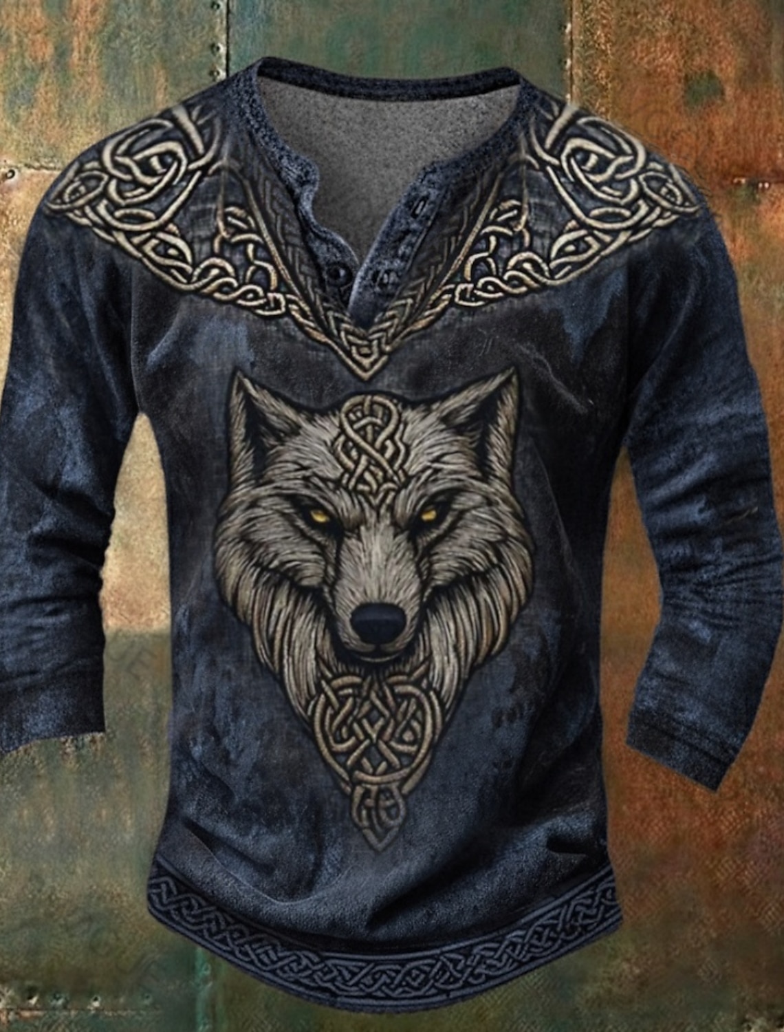 Men's Wolf Vintage Henley Shirt Long Sleeve 3/4 Fashion Retro Casual