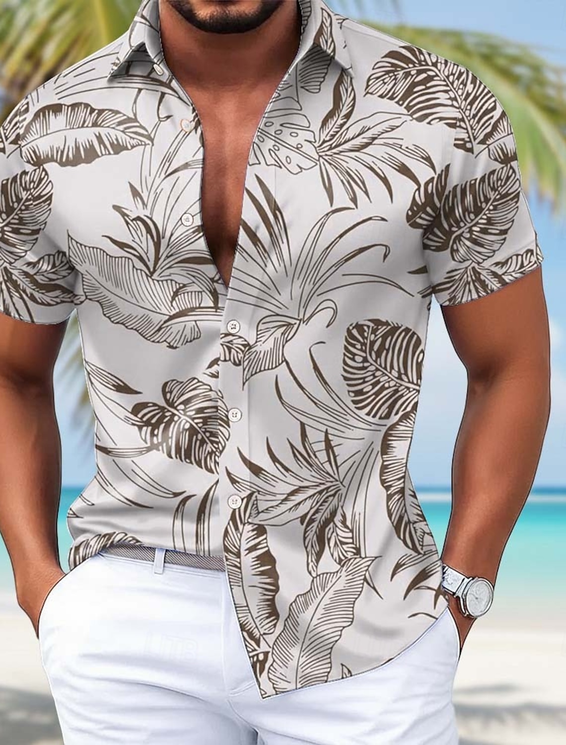 Men's Palm Leaf Tropical Plants Satin Shirt Hawaiian Shirt Aloha Shirt Short Sleeve Hawaiian Daily Vacation Summer Spring Turndown 3D Print Button Up Shirts Blue Purple Green Light Grey