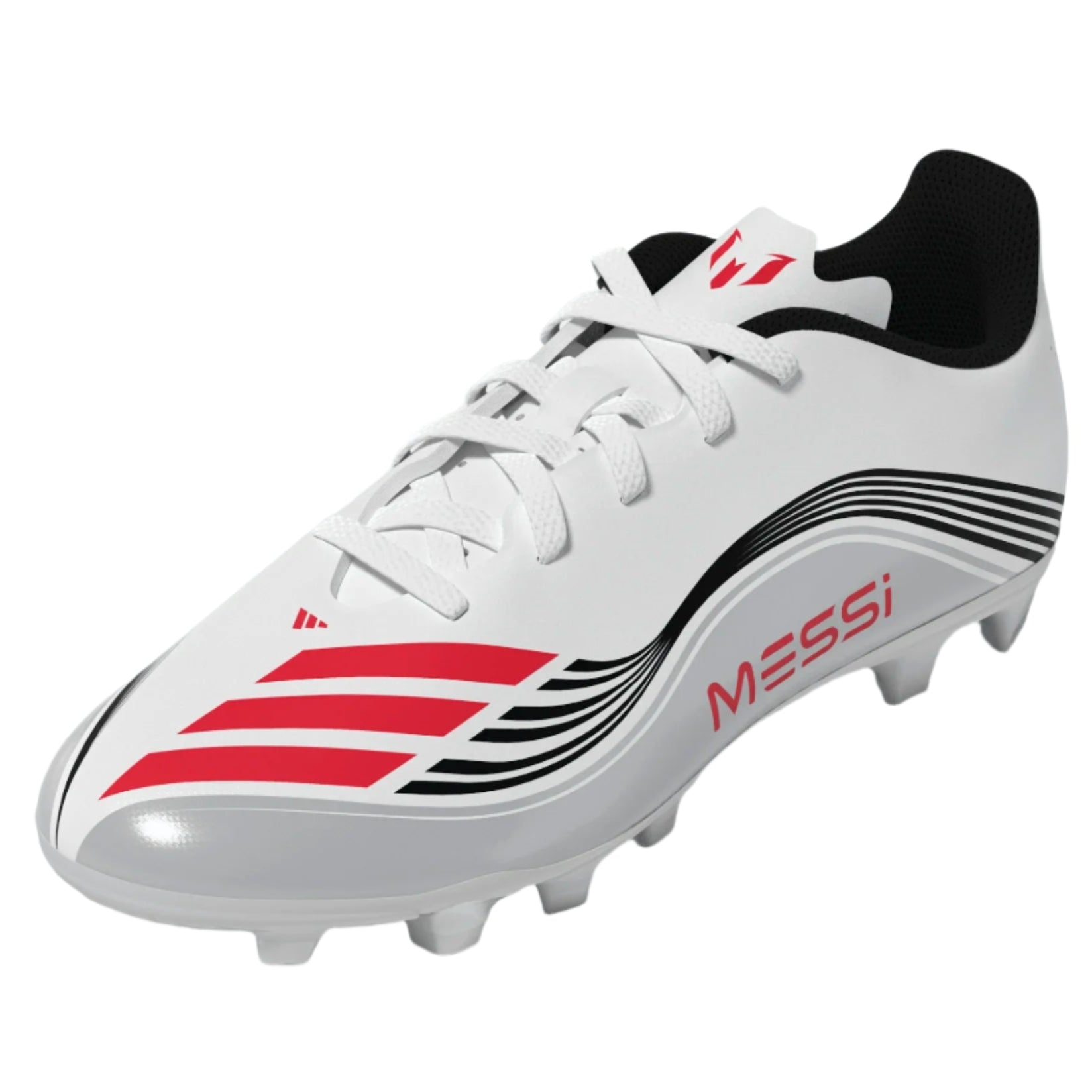 adidas Youth F50 Messi Club FG/MG Junior Soccer Cleats (White/Lucid Red/Silver Metallic)