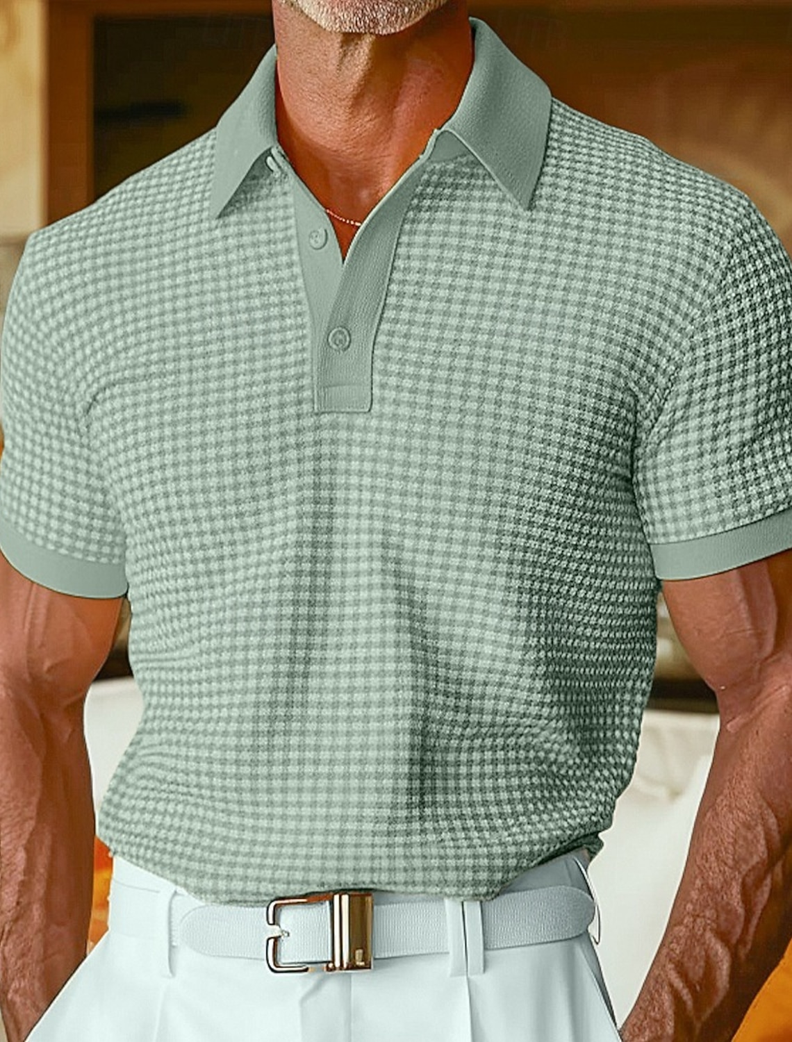 Men's Waffle Polo Shirts Textured Casual Holiday Lapel Ribbed Polo Collar Short Sleeve Fashion Basic Plain Buttons Soft Summer Spring Regular Fit White Yellow Burgundy Mint Green Green khaki Waffle