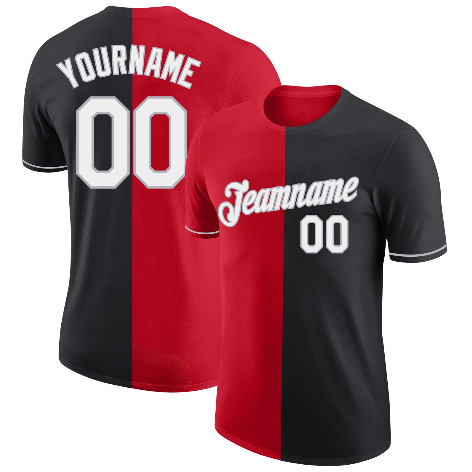 Custom Black Red-Gray Split Fashion Performance T-Shirt
