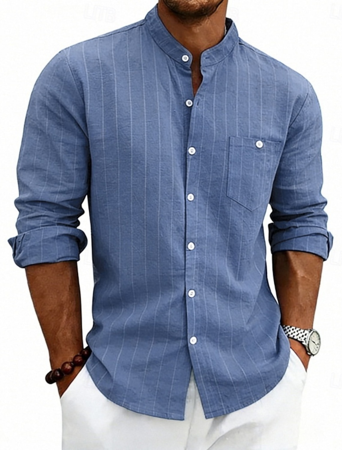 Men's Shirt Linen Shirt Summer Shirt Beach Shirt Stripe Casual Vacation Blue Black White Khaki Long Sleeve Mandarin Collar Summer Spring Clothing Apparel Pocket