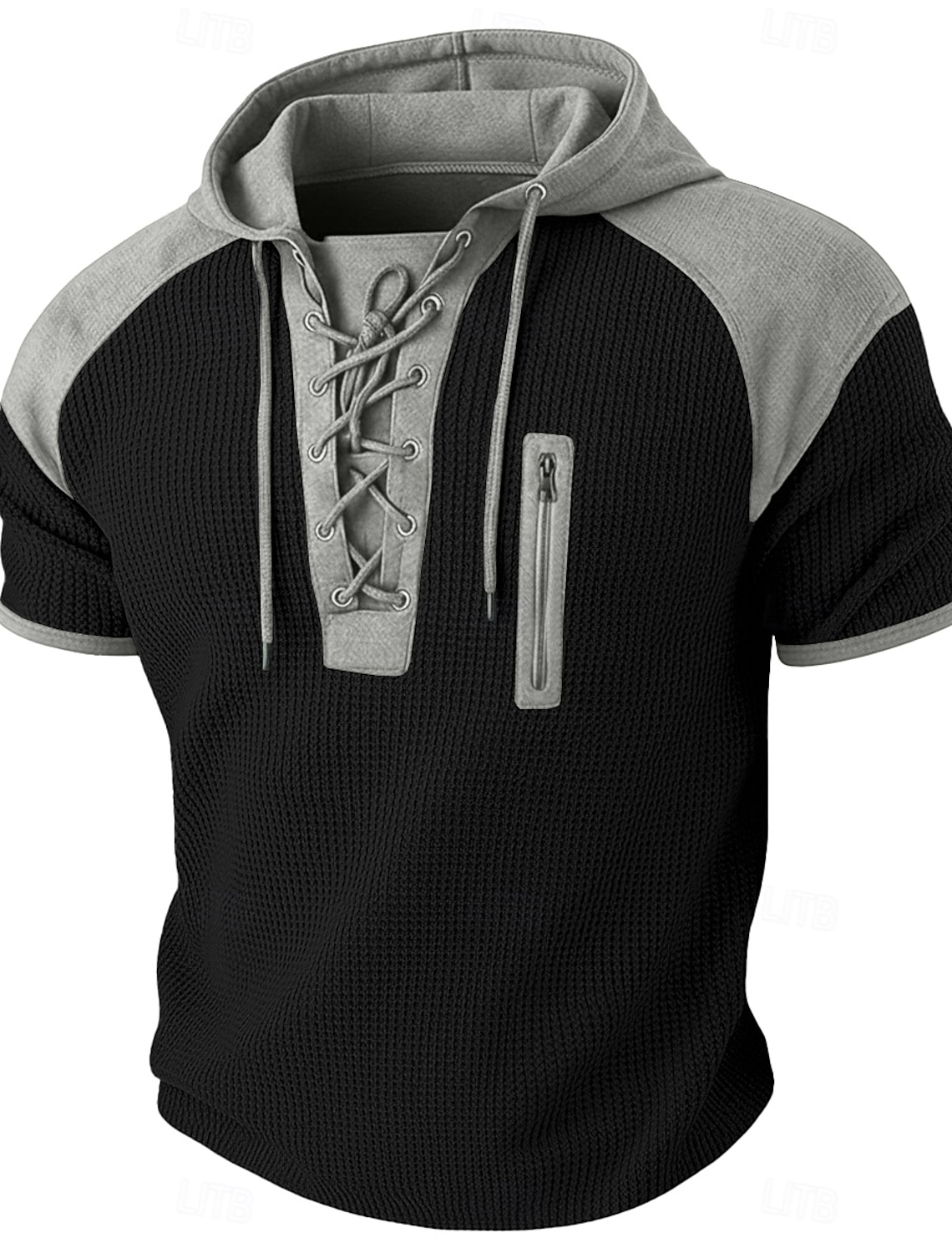 Men's Waffle Henley Shirt Tee Top Short Sleeve Hooded Lace Up Neck Summer Spring All Seasons Solid Color Fashion Designer Casual Color Block Casual Daily Outdoor Light Blue Black Wine Top Tee for Men