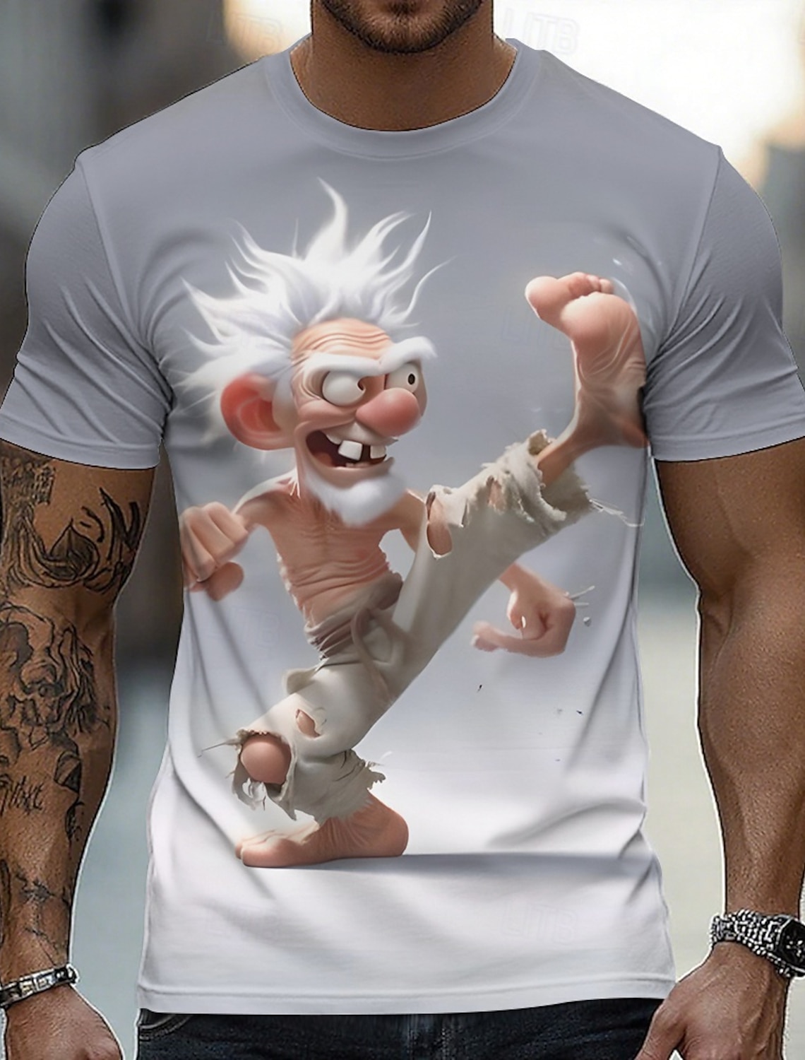 Funny 3D Graphic Cool Old Man with White Beard & Sunglasses Men's Teal T-Shirt - Quirky Grandpa Caricature Design Short Sleeve Crew Neck Summer Beach Holiday Tee - Unique Father's Day Gift Apparel