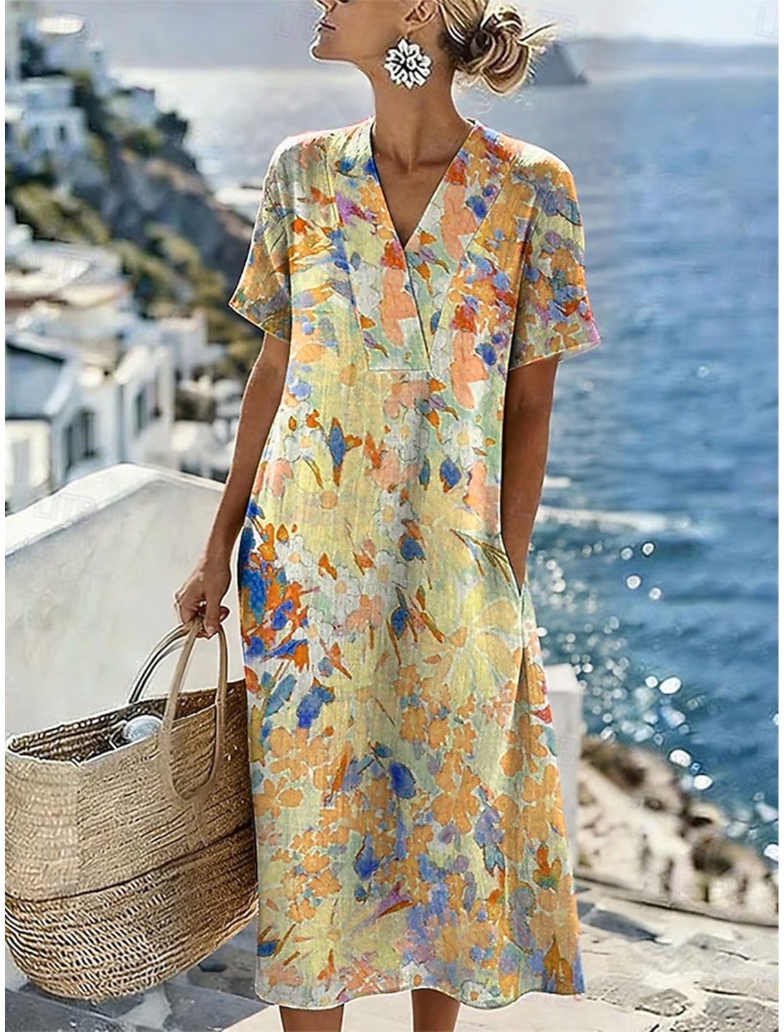 Women's Midi Dress Sundress Casual Dress Vacation Casual Beach Beach Loose Fit Floral Graphic Short Sleeve V Neck Blue Yellow Pink Purple Summer Spring