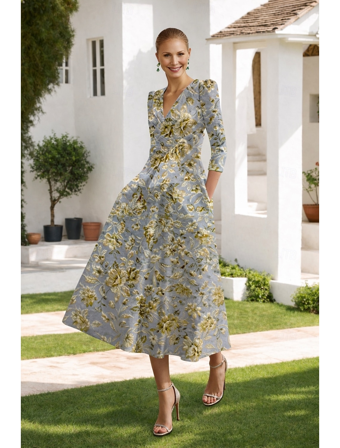 A-Line Tea Length Party Dress Cocktail Dress Wedding Guest Dress Evening Gown Elegant Vintage 3/4 Length Sleeve Shirt Collar Wedding Formal Jacquard with Pocket
