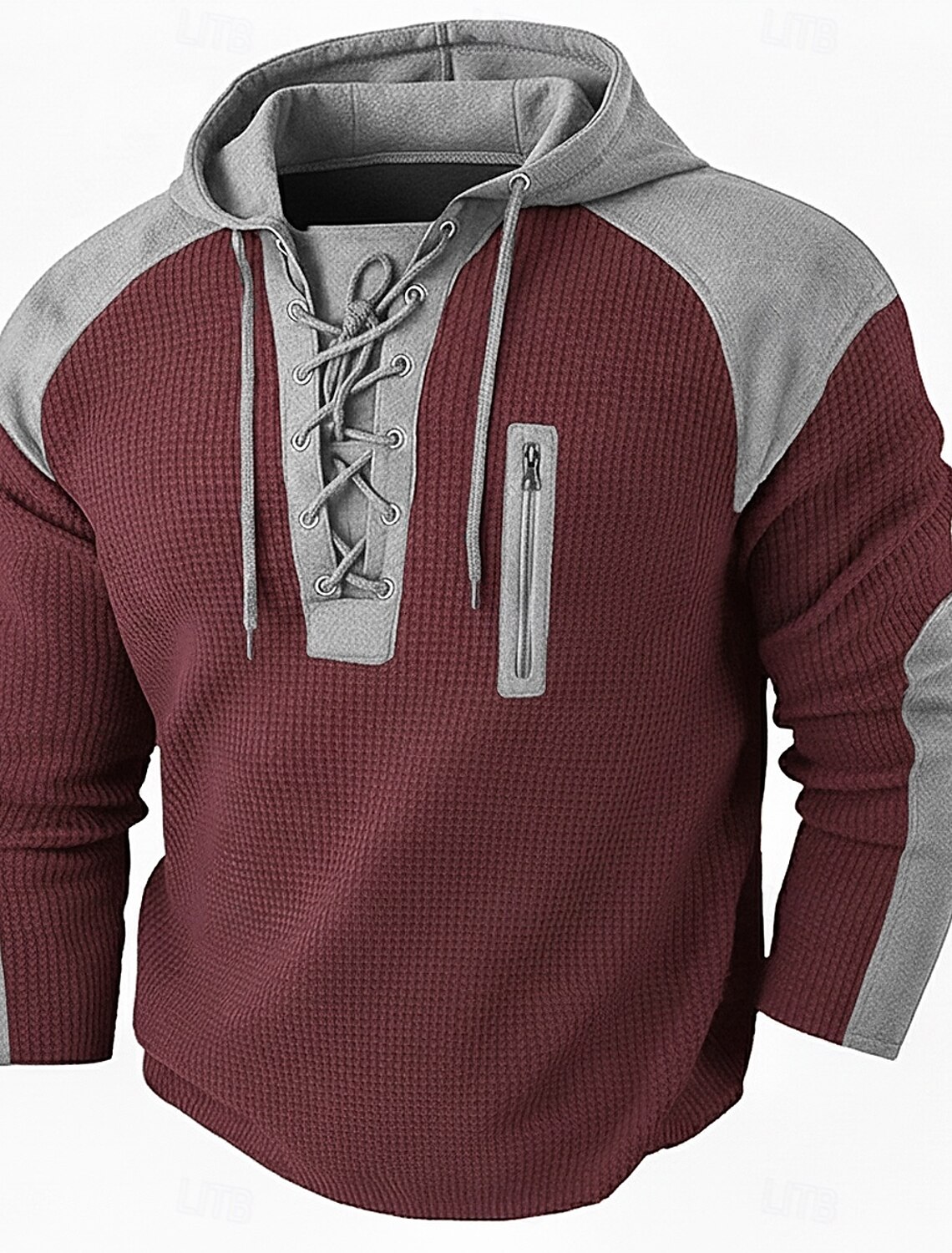 Men's Waffle T-shirt T Shirt Henley Long Sleeve Hooded Lace Up Neck