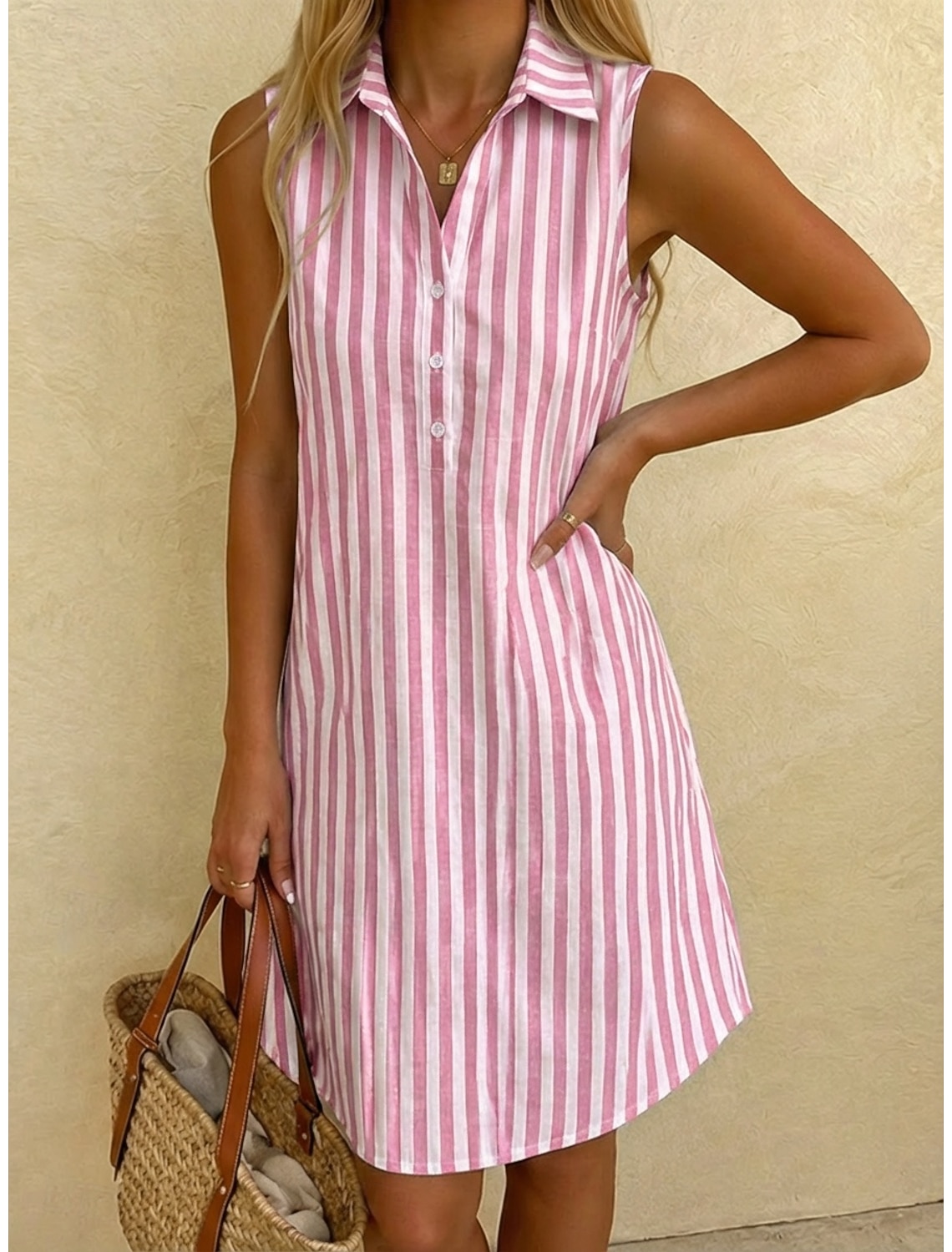 Women's Knee Length Dress Shirt Dress Casual Dress Striped Dress Elegant Fashion Daily Vacation Regular Fit Striped Short Sleeve Mandarin Collar Red Navy Blue Gray Light Blue Summer Spring
