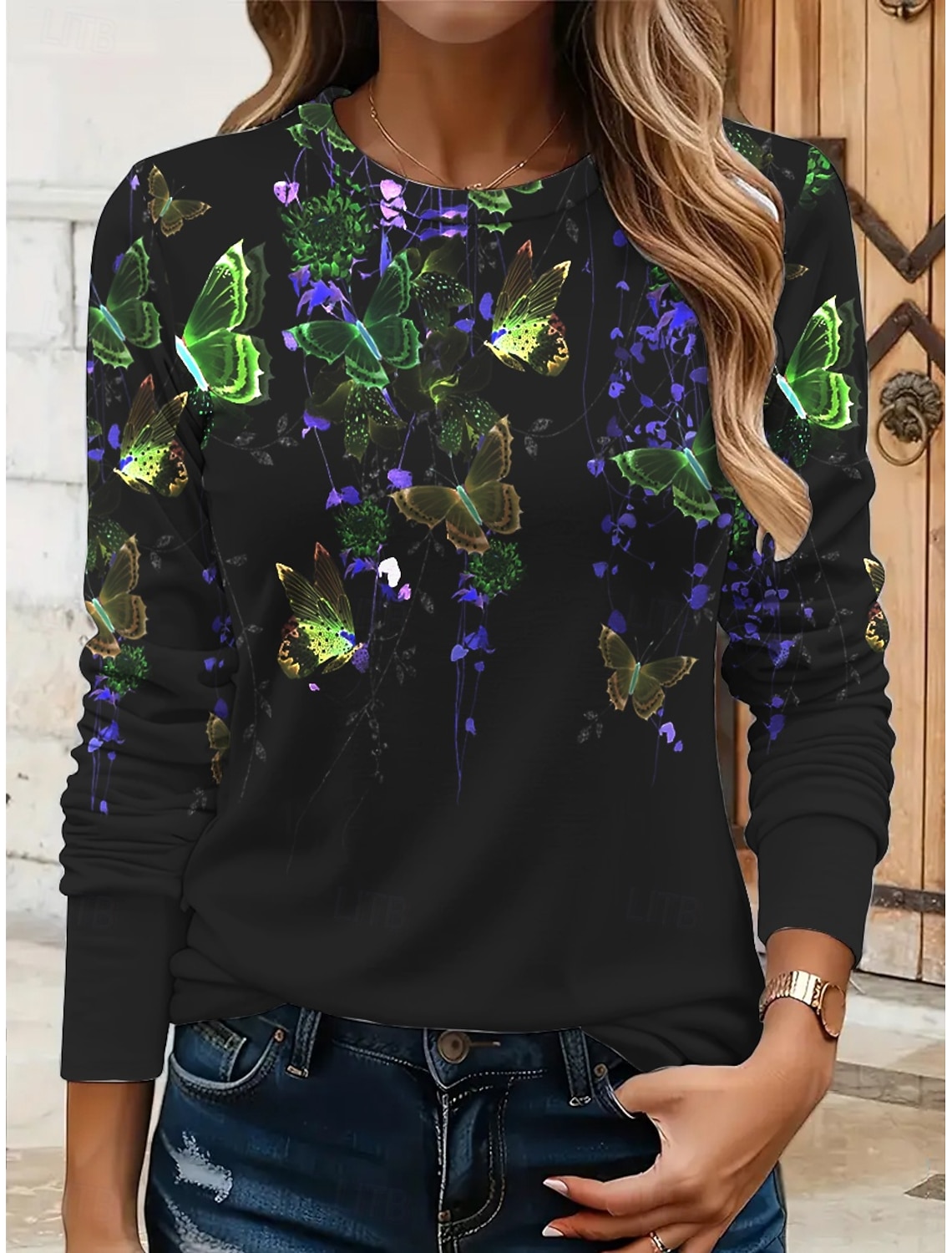 Women's T shirt Long Sleeve Crew Neck Long Sleeve Tunic Floral Graphic Butterfly Vintage Stylish Classic Round Neck Regular Tops Daily Print Black White Yellow Pink Blue Fall Prefall